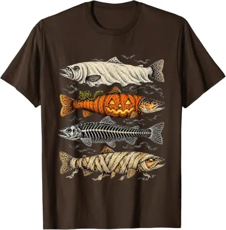Halloween-Forellen-Fisch-Geister-Kürbis-Skelett-Mumien-T-Shirt Gruseliges Angeln Halloween-Kostüm Y2k Horror-Fischerkleidung – Detail 6