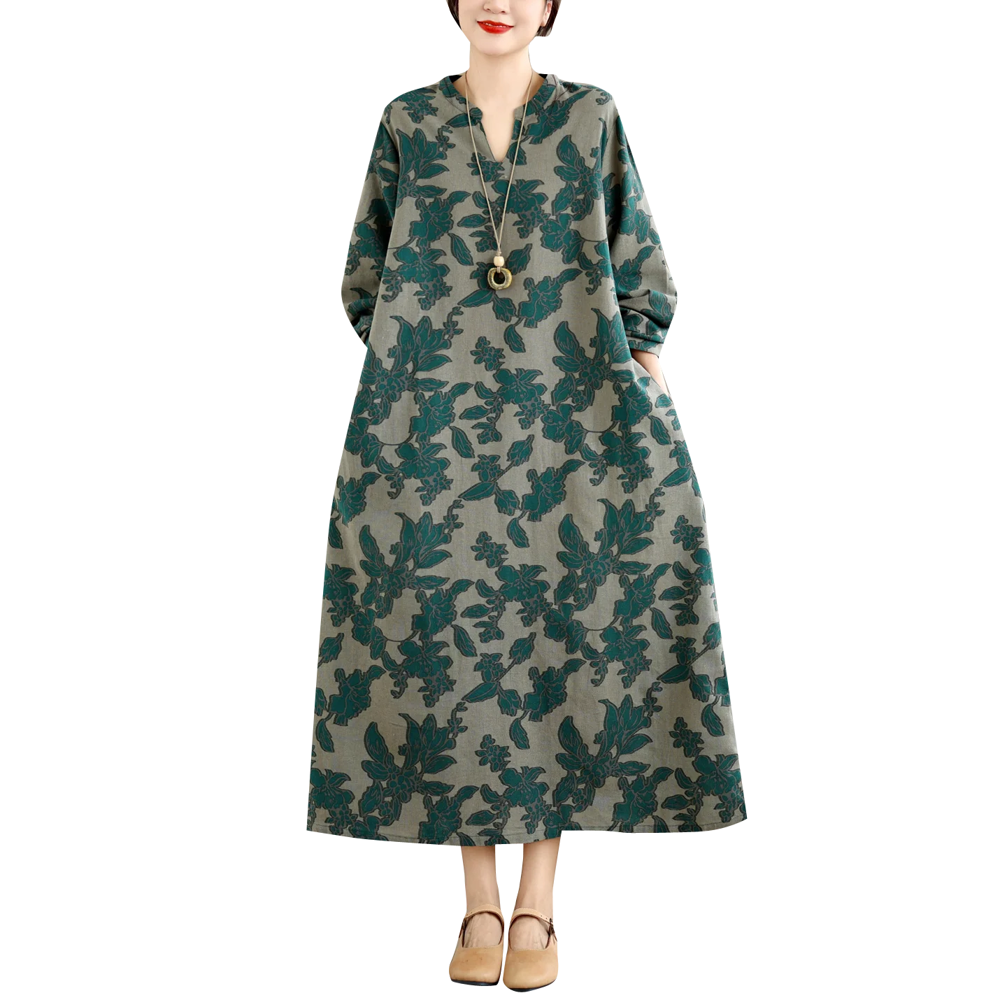 plus Size Vintage Printed Long Sleeve Loose Fitting Concealing Meat Large Size Dress Long Dress Artistic Style City Walk Cotton 5