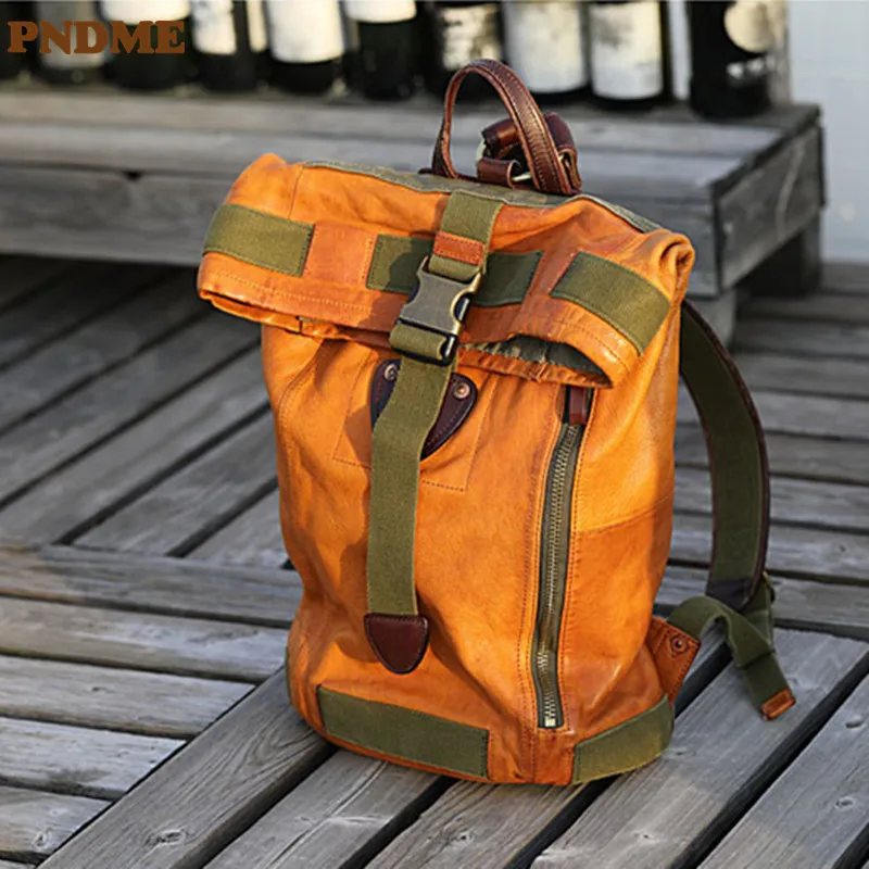 

PNDME vintage designer organizer luxury genuine leather men women's backpack outdoor travel real cowhide anti-theft bagpack