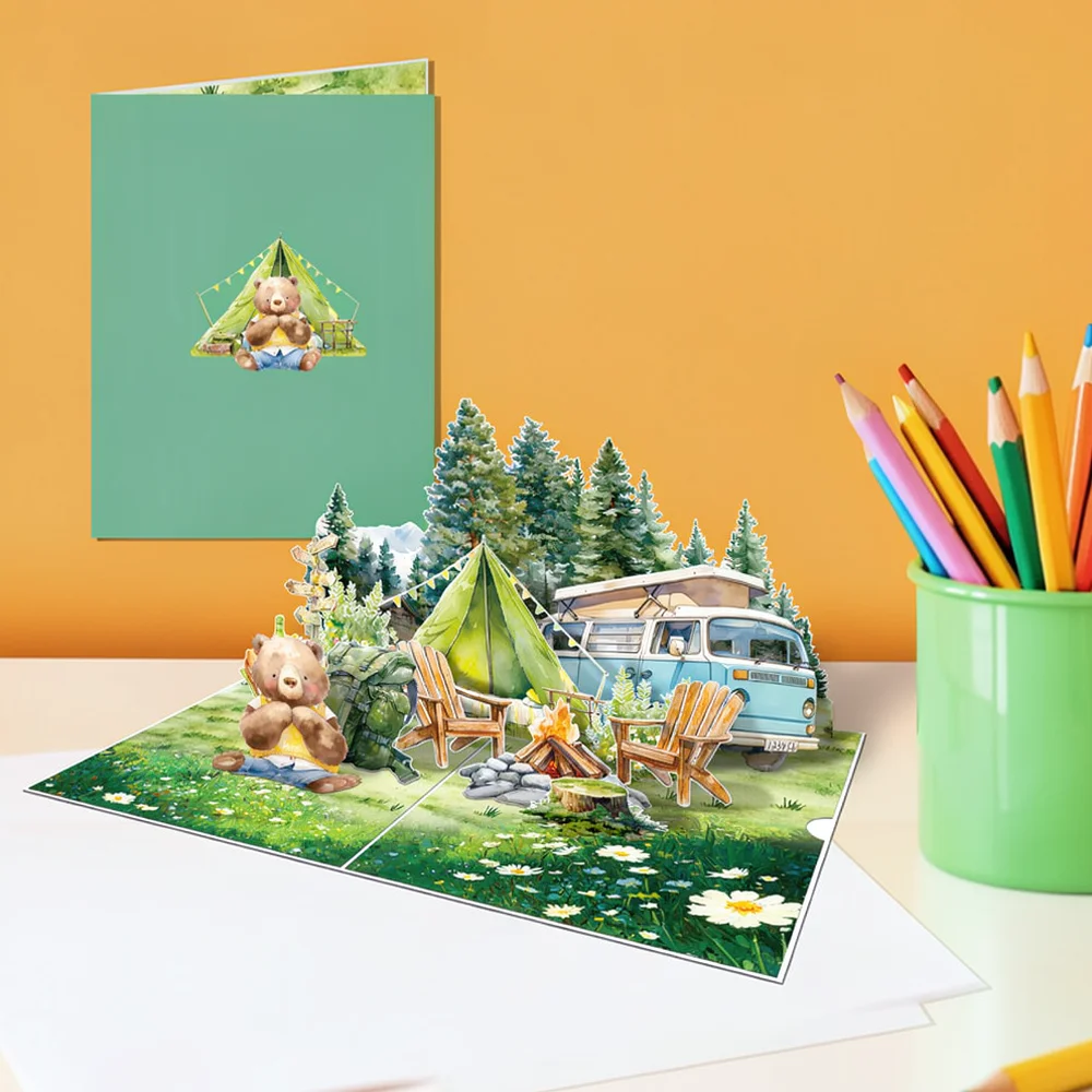 Elegant 3D Pop Up Card Bear Camping Theme Creative Paper Craft Greeting Card For Birthday Valentine Holiday Celebration