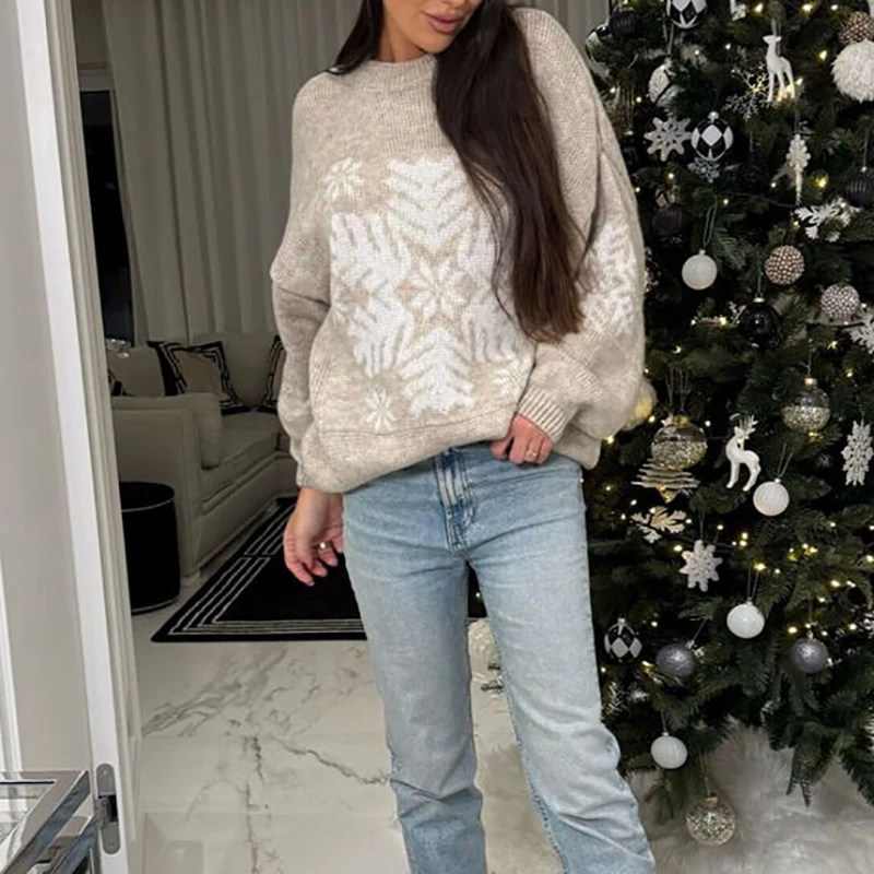 Women's Fashion O-neck Loose Knitted Top Elegant Snowflake Long Sleeve Warm Sweater Pullover 2025 Winter New Christmas Sweater