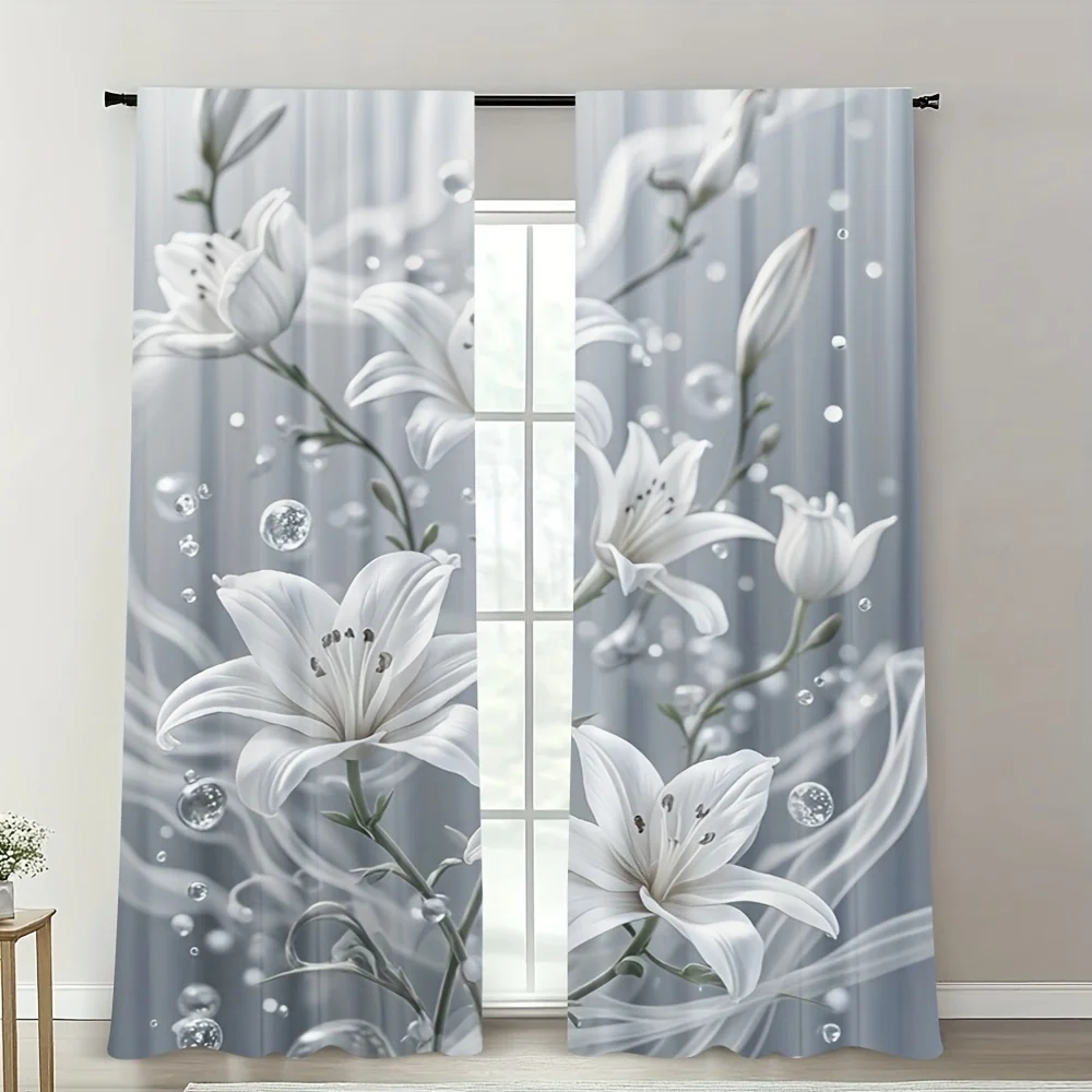 

2pc Gray lily pattern curtains, polyester fabric, machine washable, suitable for bedroom and living room decoration