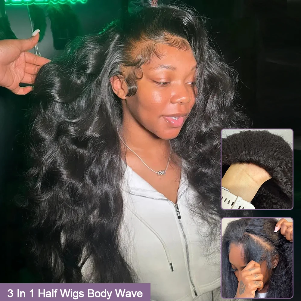 3-in-1 Halbperücken aus Echthaar, Body Wave, 250 % Dichte, Halb-Kopfbandperücke, verbesserte Kordelzugverschlüsse, nahtlose Clip-Ins, zum Umklappen und sofort tragen.