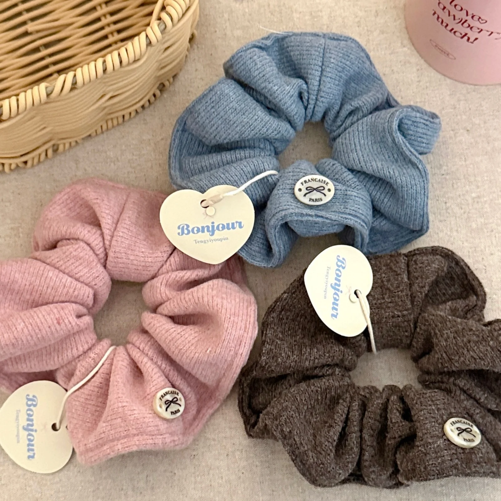 Gestricktes Haargummis-Set, weiche, warme Haargummis für Herbst und Winter, rosa, blau, braun, Haarschmuck für Frauen, französischer Stil