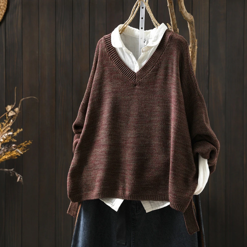 

Women Casual Sweater New Arrival 2025 Autumn Simple Style Vintage V-neck Loose Comfortable Female Knitted Pullovers M2041