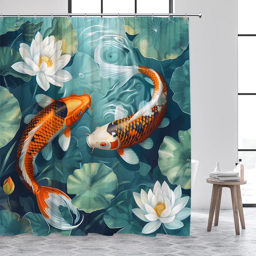 Lotus Carp Shower Curtain Lake Green Leaves White Flowers Koi Fish Chinese Style Bath Curtains Fabric Home Bathroom Decor Set