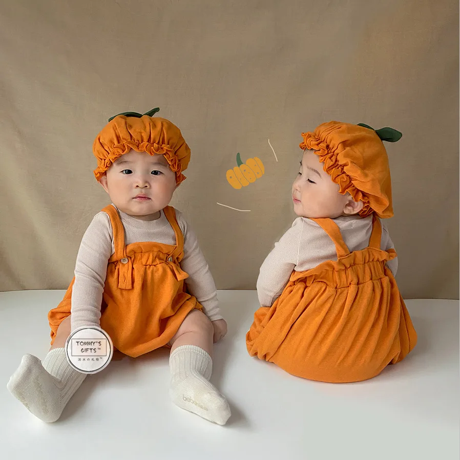 Halloween Costume for Infant Boys Girls Bib Overall + Hat Baby Party Cosplay Pumpkin Creative Soft Cotton Clothing 2Pcs Set