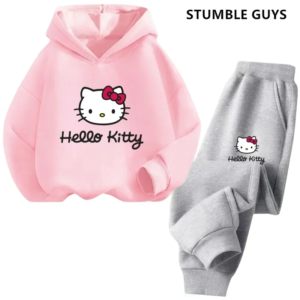 

Толстовка с капюшоном Hello Kitty для девочек, комплект из 2 предметов с аниме толстовкой и брюками, детские спортивные костюмы с мультипликационным рисунком для подростков, одежда для малышей, спортивный костюм, 2024