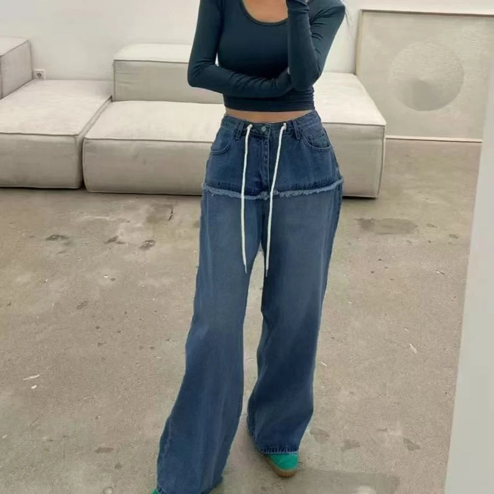 High-Waist Drawstring Denim Jeans Women's Fashion Casual Summer Pants Wide Leg patchwork Fluffy Hemmed Design Slimming Pants