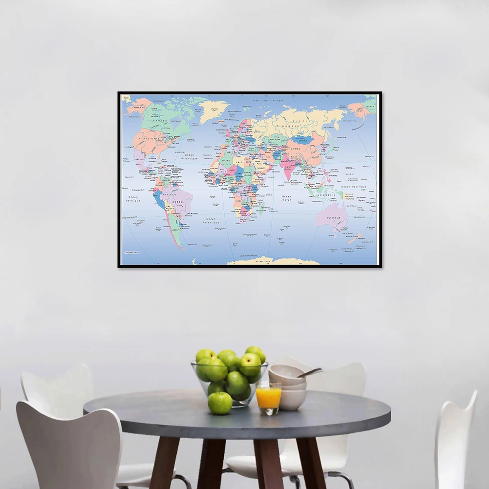 World Map A2 Size Map of The World in French Language Canvas Poster for School Classroom Decoration 59x42cm