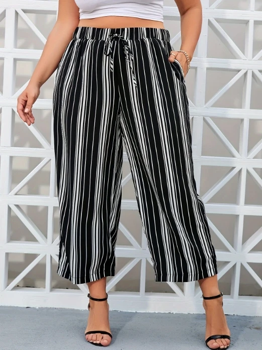 

Women's Fashionable Summer New Cropped Pants with Lace Up Print Straight Leg Casual Pants Loose Thin Pants