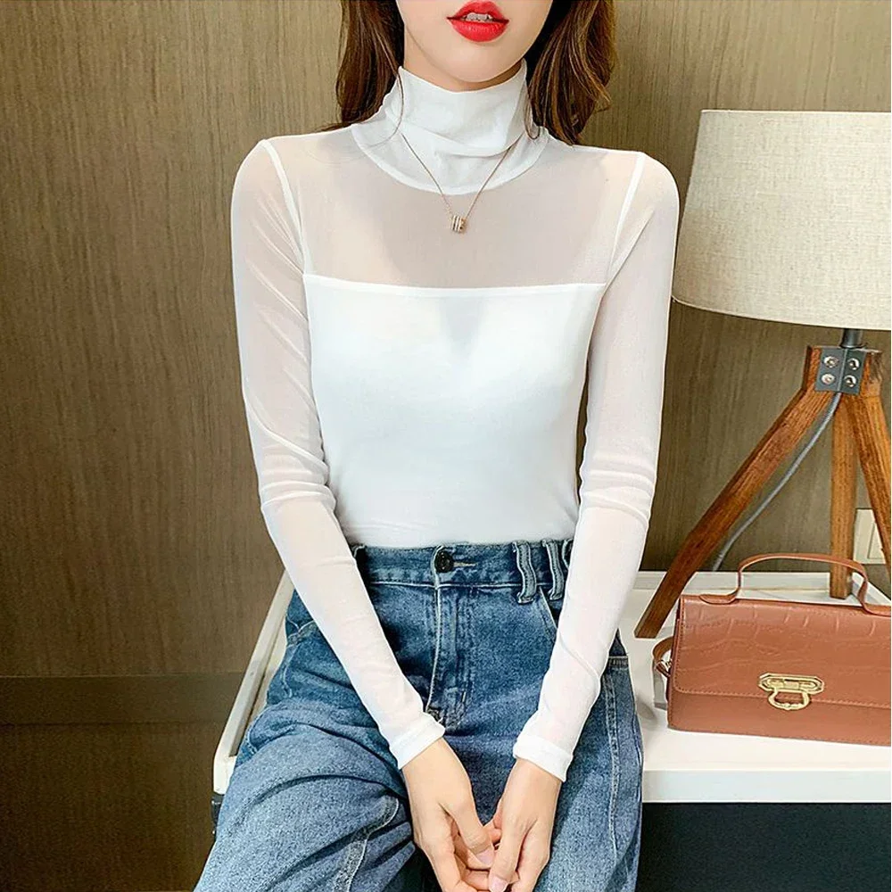 

Women's White Green Black T Shirt Turtleneck Long Sleeve Female Blouses S-2XL Slim Stretch Tops Ladies Sheer Tees T-Shirt Tops