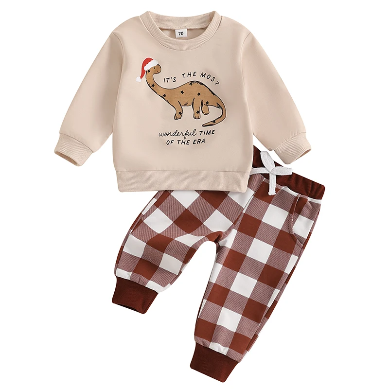 

Toddler Girl Boy Christmas Outfits Dinosaur Letter Print Long Sleeve Sweatshirt with Plaid Pants 2Pcs Set