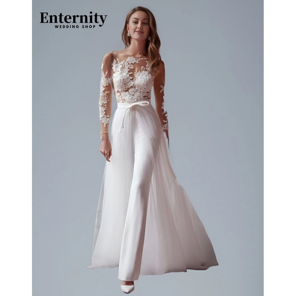 Customized Jumpsuit Wedding Dress O-Neck Soft Satin With Lace Womens Dresses Full Long Sleeve Wedding Dresses For Woman Vestido