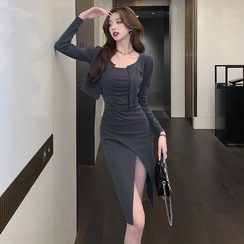 Autumn New Elegant Retro Split Sexy Strap Dress Two Piece Cardigan Long Sleeve Long Dress Spicy Girls Advanced Fashion Set