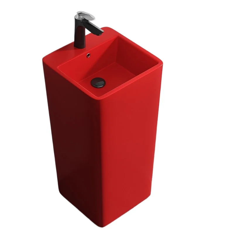 

Matte floor-to-ceiling washbasin, orange ceramic red hand wash small one-piece basin integrated column