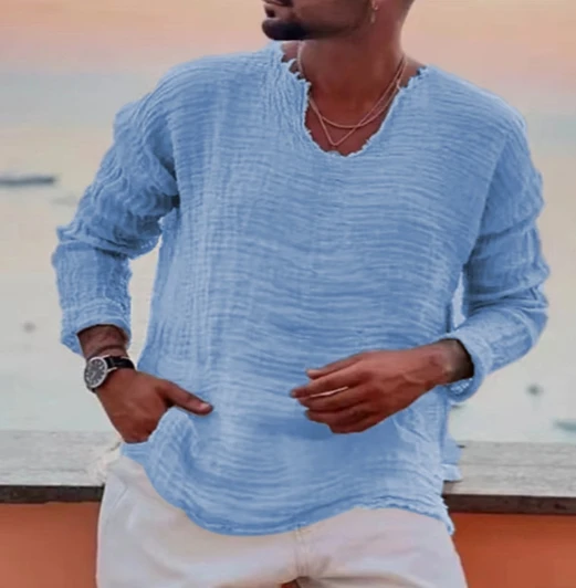 Trendy new spring and autumn men's fashion youth linen casual loose V-neck t-shirt washed frayed raw edge long-sleeved shirt image 6