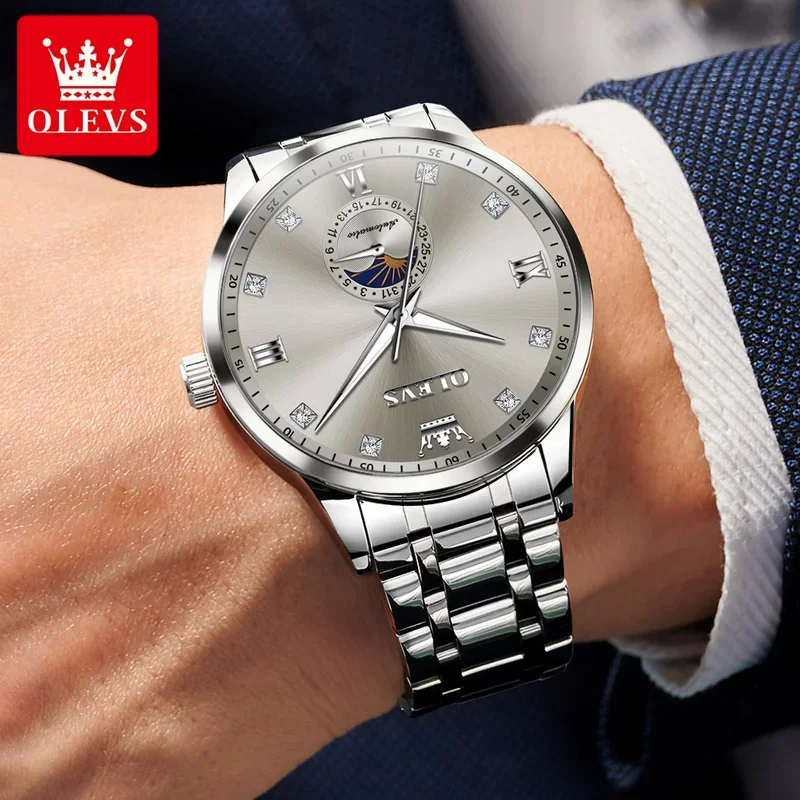 OLEVS Original Men's Automatic Movement Watch Mechanical Classic Wristwatch Moon Stainless Steel Waterproof Luxury Watch 7041