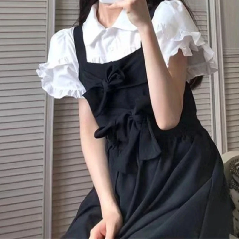 فستان البدلة ملابس النساء 2 قطعة مجموعات قصيرة الأكمام بلوزة بيضاء ضمادة القوس الحمالة فستان وتتسابق مجموعة الصيف الحلو