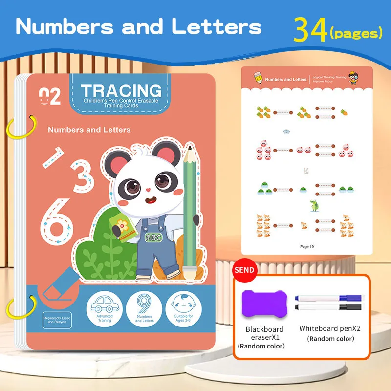 Herbruikbaar Magic Tracing-werkboek voor 34 pagina's, educatieve tekenen- en pencontroletraining, inclusief pen en gum, essentieel voor leren, klaslokaalonderwijs, verjaardag, Kerstmis, paascadeau