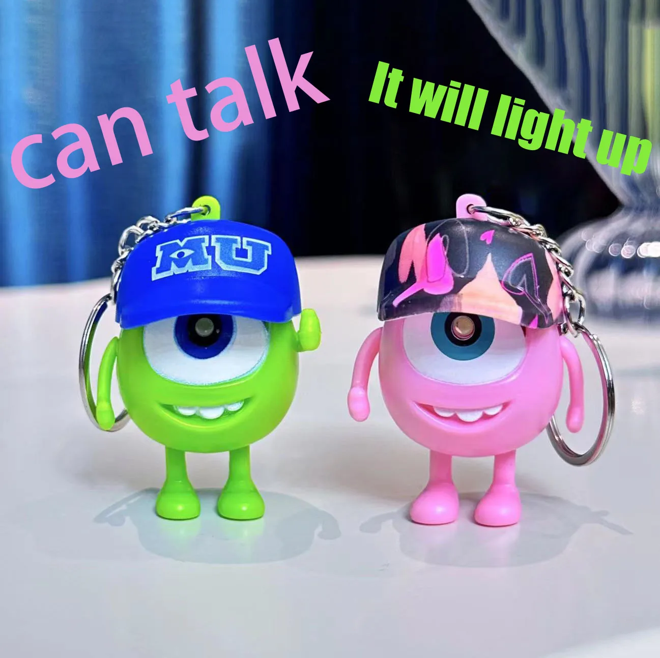 Disney Monsters University Mike Keychain LED Light Sound Anime Wazowski Mr.Q Action Figures Pendent Toy Gift