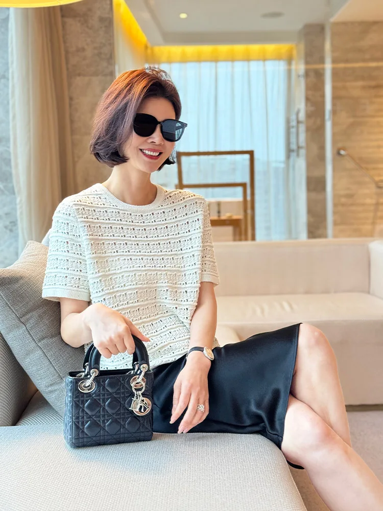 

Ele Light VI BC Sle ort Sve Knitted irt Silk Linen Yarn Hollow out Valley Wave Crt Women's Summer Faion