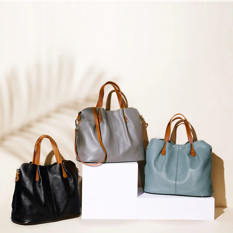 New Genuine Leather Ladies Bag Fashion Contrast Color One Shoulder Hand Tote Composite