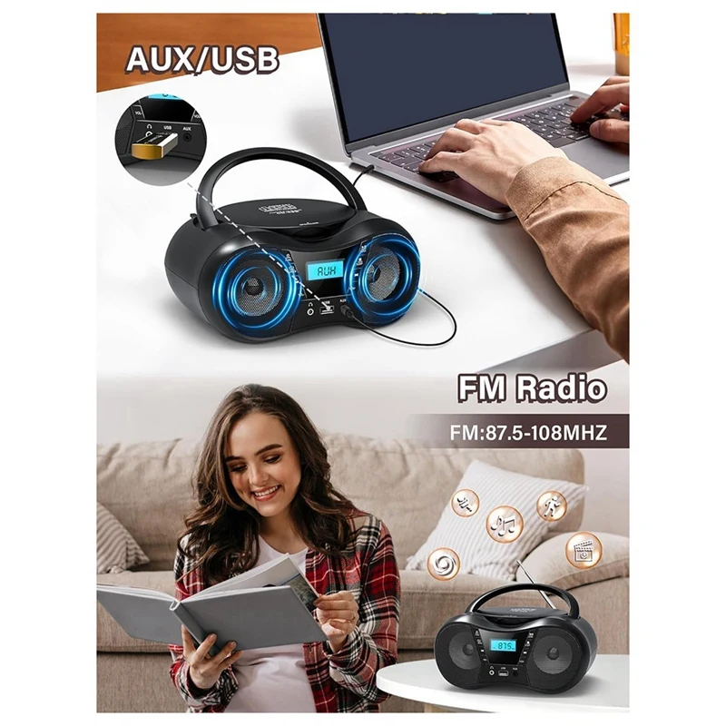 SCLS Портативный CD-плеер Bluetooth Boombox CD-плеер AM/FM-радио Стереоплеер, совместимый с CD/CD-R/RW-радио для дома