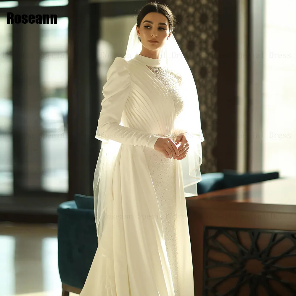 Muslim Retro High Collar A-line Wedding Dresses Ruffle Paillette Lace Full Brush Train Floor Length Bride Dress robe de mariée