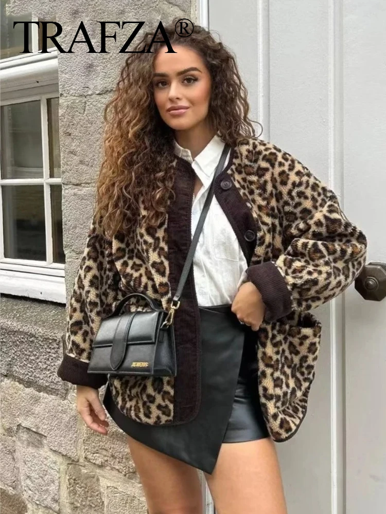 TRAFZA Women Vintage Leopard Print Lamb Wool Jackets 2024 Female Casual Loose Single Breasted Coats Long Sleeve Warm Outerwear