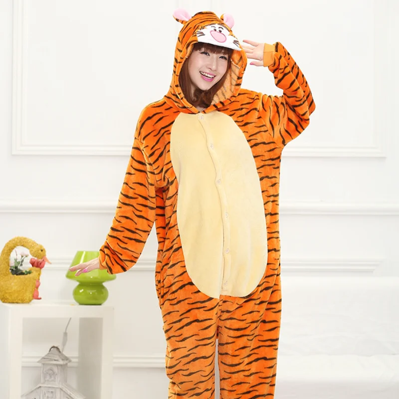 Pajamas cartoon animal Tigger pattern home wear autumn and winter flannel men and women adult performance students