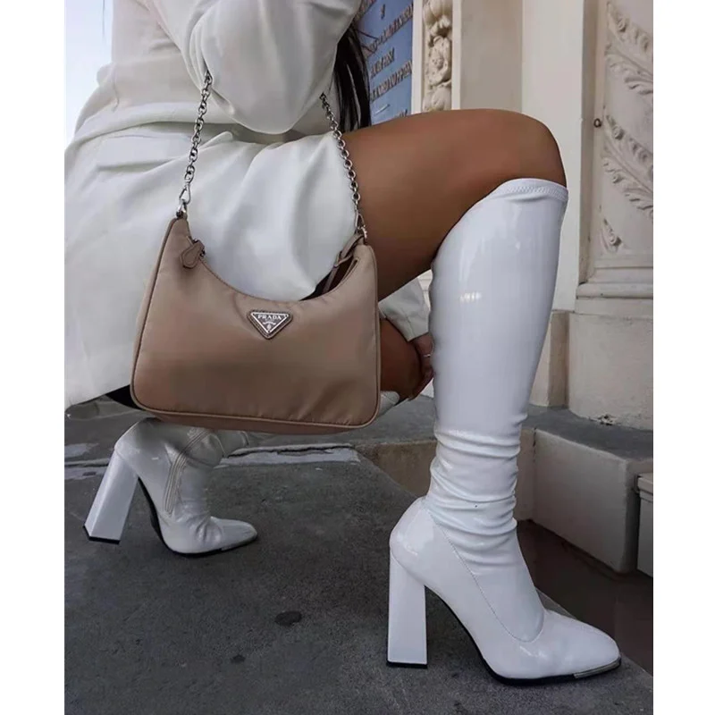 Luxury Sexy Women Knee-high Modern Boots Fashion Square Toe Shiny Leather High Heel Shoes Rozmiar 36-43 Buty damskie Botas De Mujer