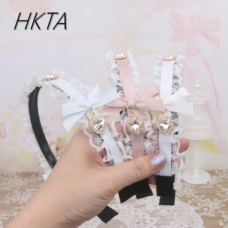 

Handmade Japanese Clip Imported Lace Love Rhinestone Pendant Headband Mine Mass Production Headgear Sweet Pink Hair Accessories