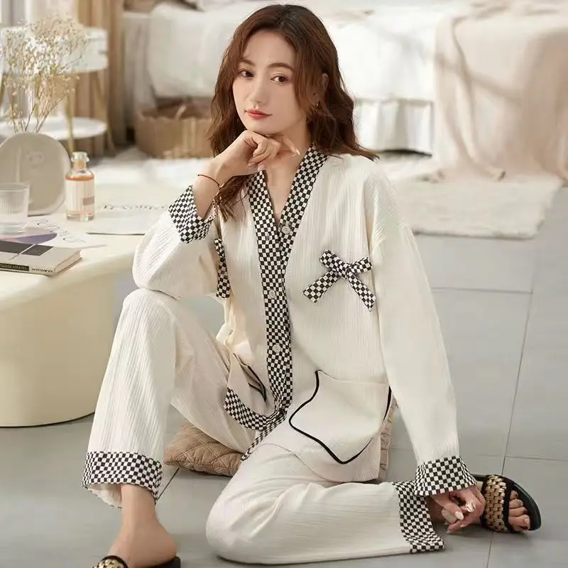 

pajamas for women cartoon long-sleeved new sleepwear cardigan trousers women's simple high-end loungewear suit