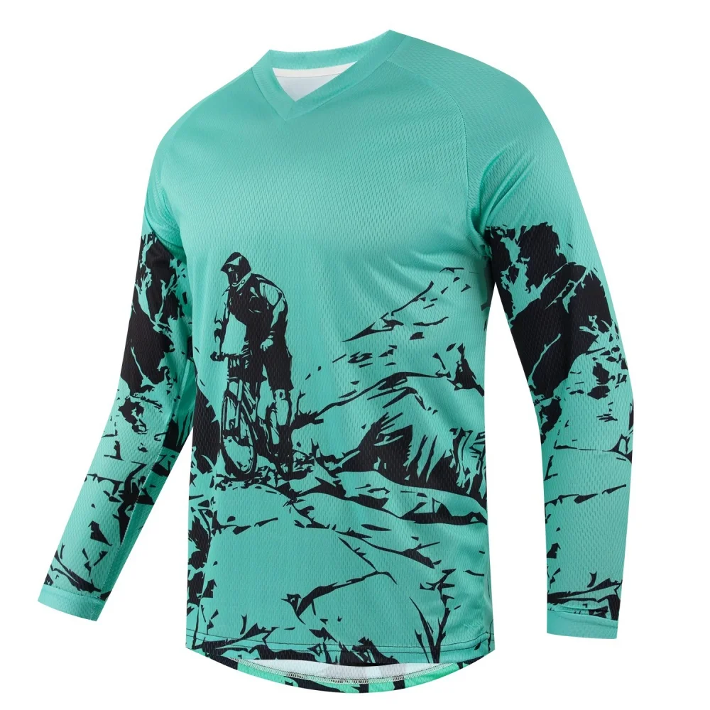 Camiseta Esportiva Masculina de Manga Longa com Estampa de Bicicleta de Montanha, Respirável, Decote em V para Ciclismo e Uso Diário