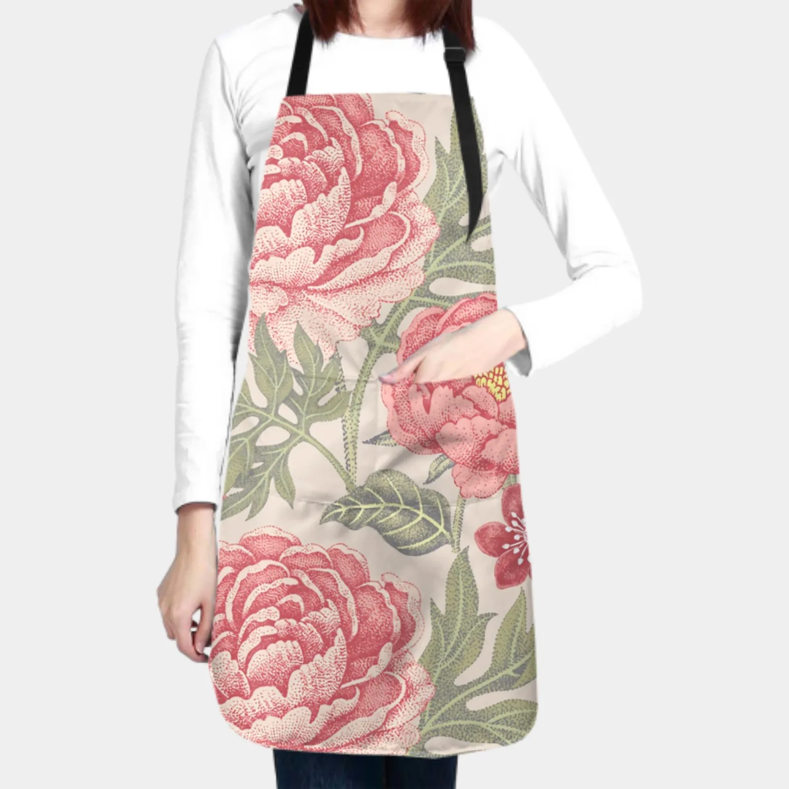 Flowers Waterproof Apron with 2 Pockets Kitchen Chef Apron Small Rose Apron for Hair Brushing Cooking Baking Painting Gardening