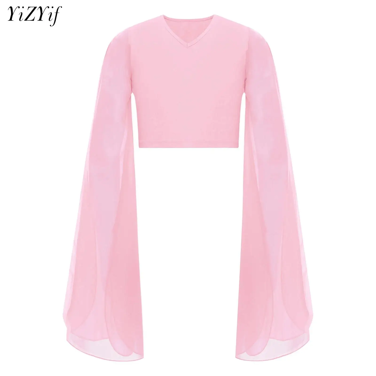 Kids Girls Lyrical Dance Crop Tops Flared Sleeves Shirt for Figure Skating Ballet Dance Gymnastics Workout Stage Performance