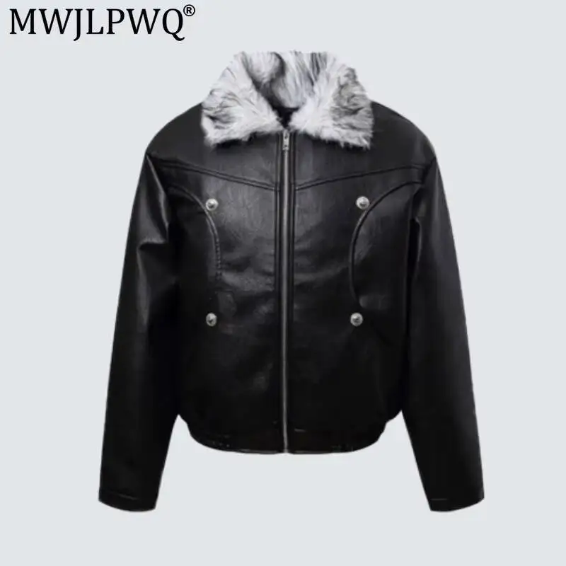 MWJLPWQ American High Street Washed PU Leather Cotton Jacket Men‘s Gradient Large Fur Collar Metal Buttons Casual Tops 20163