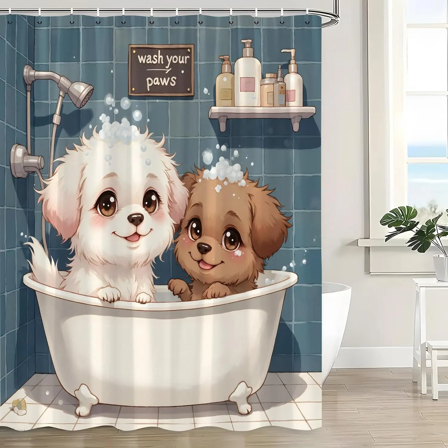 

Funny Dog Shower Curtain Bathing in Bathtub Bubbles Cute Puppy Pets Rustic Animals Cartoon Polyester Fabric Bath Curtain 90x180