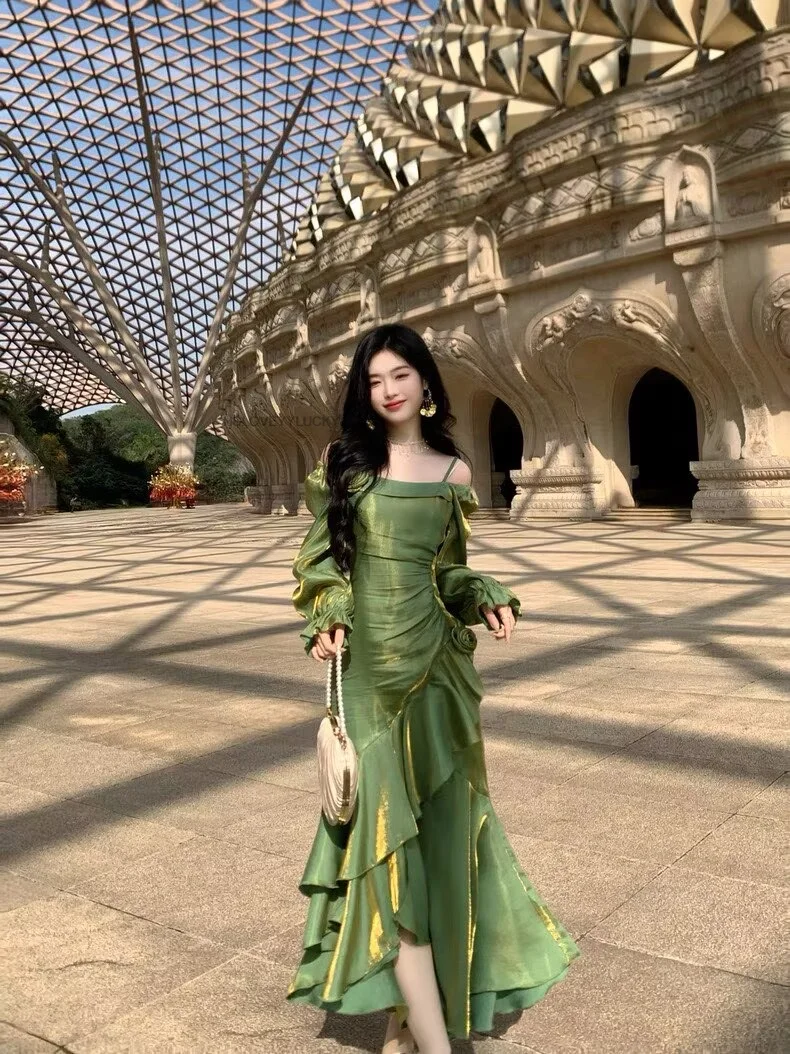 Französisch Spitze Rüschen Asymmetrische Saum Kleid Sommer Neue Meerjungfrau Temperament Wasp Taille hüfte-umarmt Lange Frauen Sexy Kleid