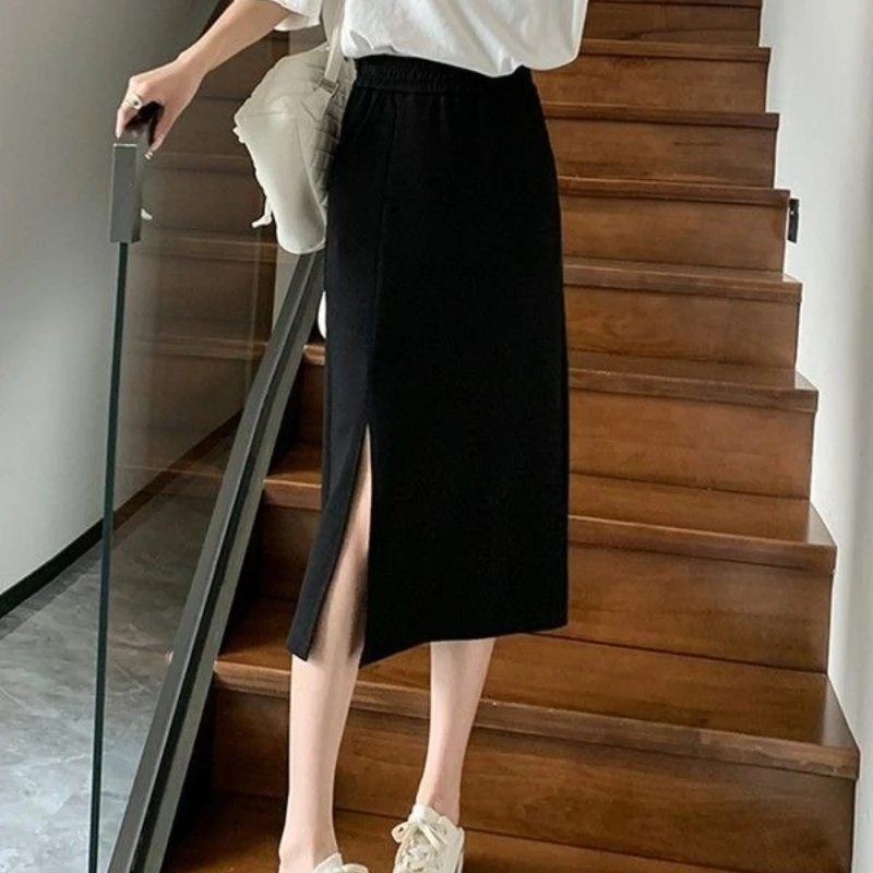 تنورة أنيقة مقسمة لربيع وصيف 2024، تنورة مرنة عالية الخصر طويلة على شكل حرف A للسيدات #3