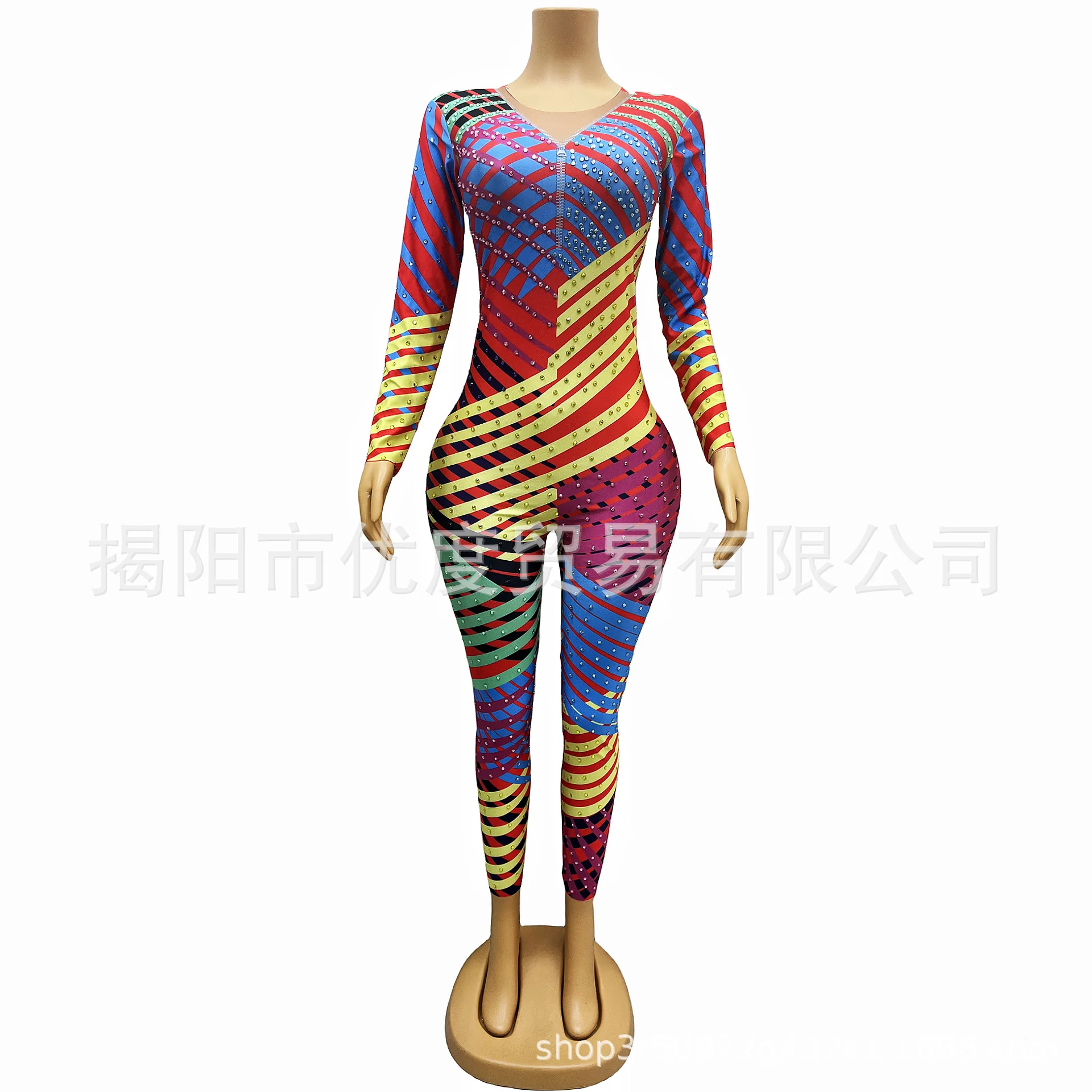 

Colored Stripes Long Sleeves Slim Rhinestones Sparkling Singer Night Reception Party Jumpsuit Performance Hormones Show Costumes