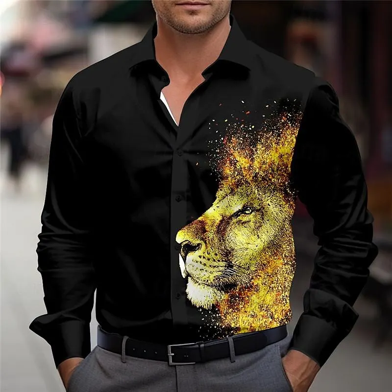

European and American sizes men's shirts animal print tiger and wolf pattern shirt cardigan long sleeve shirt lapel casual top