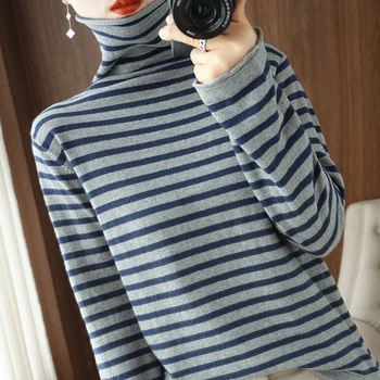 Pulôver feminino de colarinho ondulado, suéter 100% algodão, roupas de malha outono, inverno, tops macios, manga longa, moda