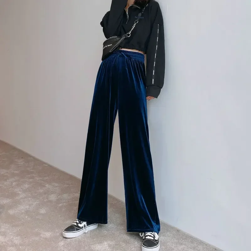 Autumn Winter Velvet Elegant Pants Women Black Casual Korean Style Wide Leg Pants Loose Fashion High Waist Trousers Female Y2k