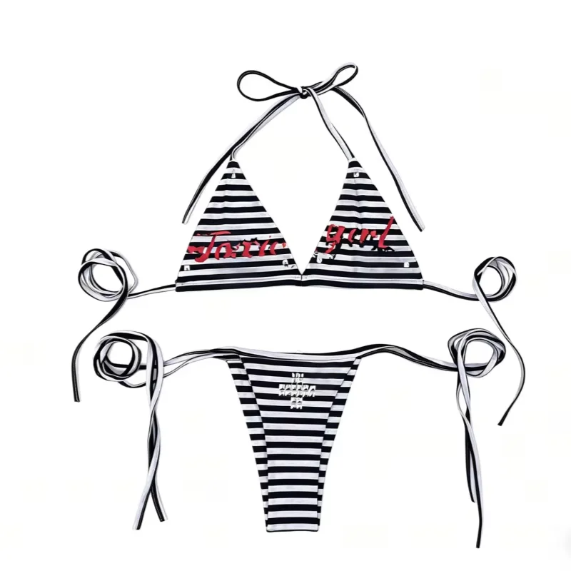 

Summer European and American Cross border New Sexy Stripe Strap Hot Diamond Beach Hanging Neck Bikini Women's Swimsuit