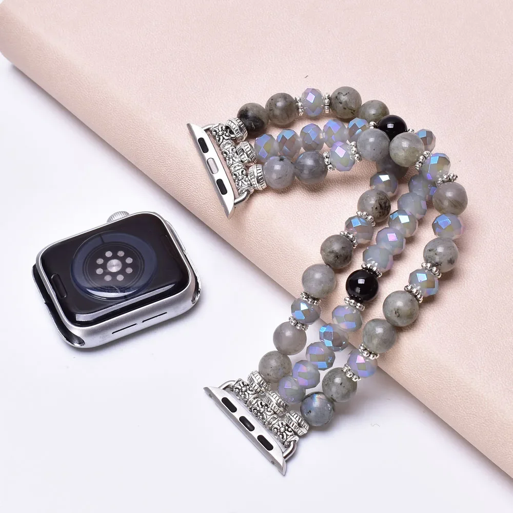 Labradorite Crystal Apple Watch Band 38mm 40mm 41mm 42mm 44mm 45mm Stone Beaded Bracelet Strap for Women Iwatch Series 1-SE