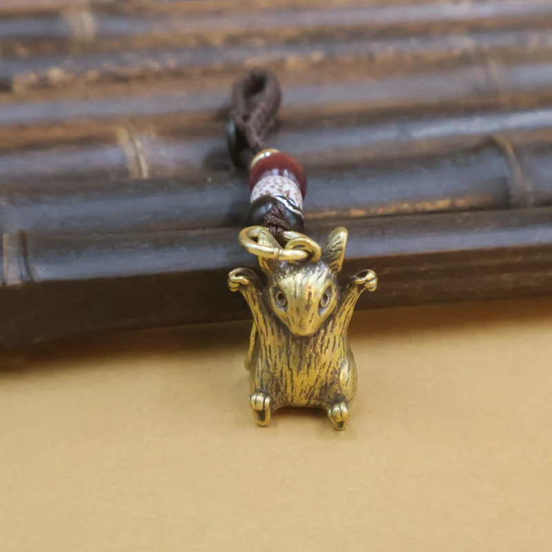 

Brass Vintage Zodiac Rat Keychain Pendant Lucky Fortune Cute Little Flying Squirrel Pendant Antique Desktop Pendant