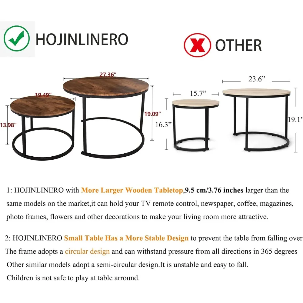 Conjunto de mesa de centro redonda industrial de 2 mesas finais para sala de estar, mesas laterais empilháveis, resistente e fácil montagem, estrutura de metal