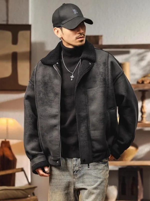 

Retro American Large Size Men's Sli Jaet Winter New Loose Trendy Brand Fce Lined Thiened Leather Jaet Men